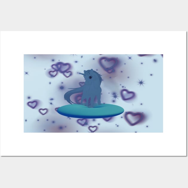 Cute blue color unicorn with purple hearts in blue donut Wall Art by Khala